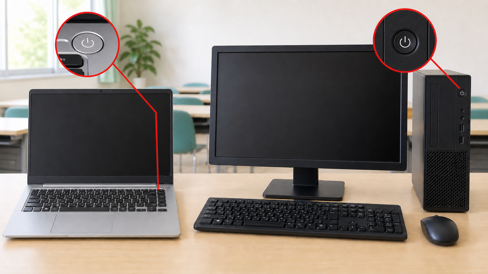 パソコン本体にある電源ボタンの位置がわかる写真(ノートパソコン・デスクトップ双方があると親切)