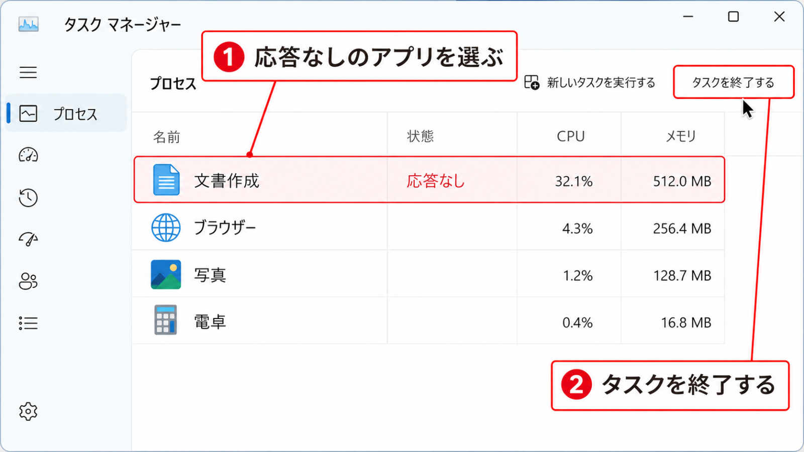 タスクマネージャーの画面で、反応しないアプリを選択し「タスクの終了」を押す直前の状態