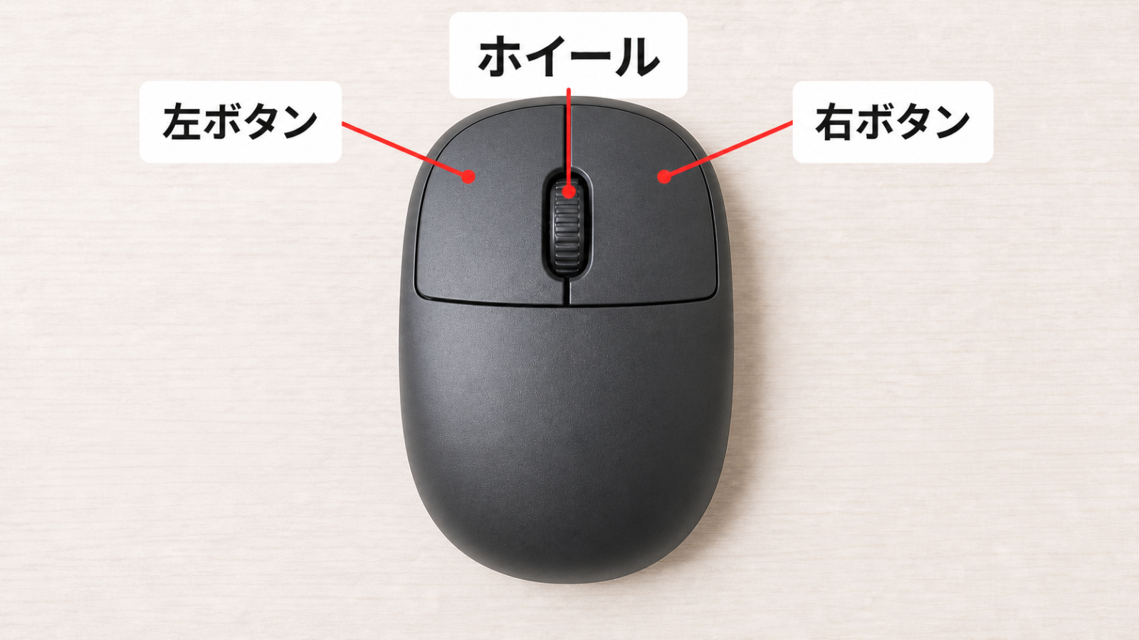 マウス全体の写真に「左ボタン」「右ボタン」「ホイール」の名称を矢印で示した図