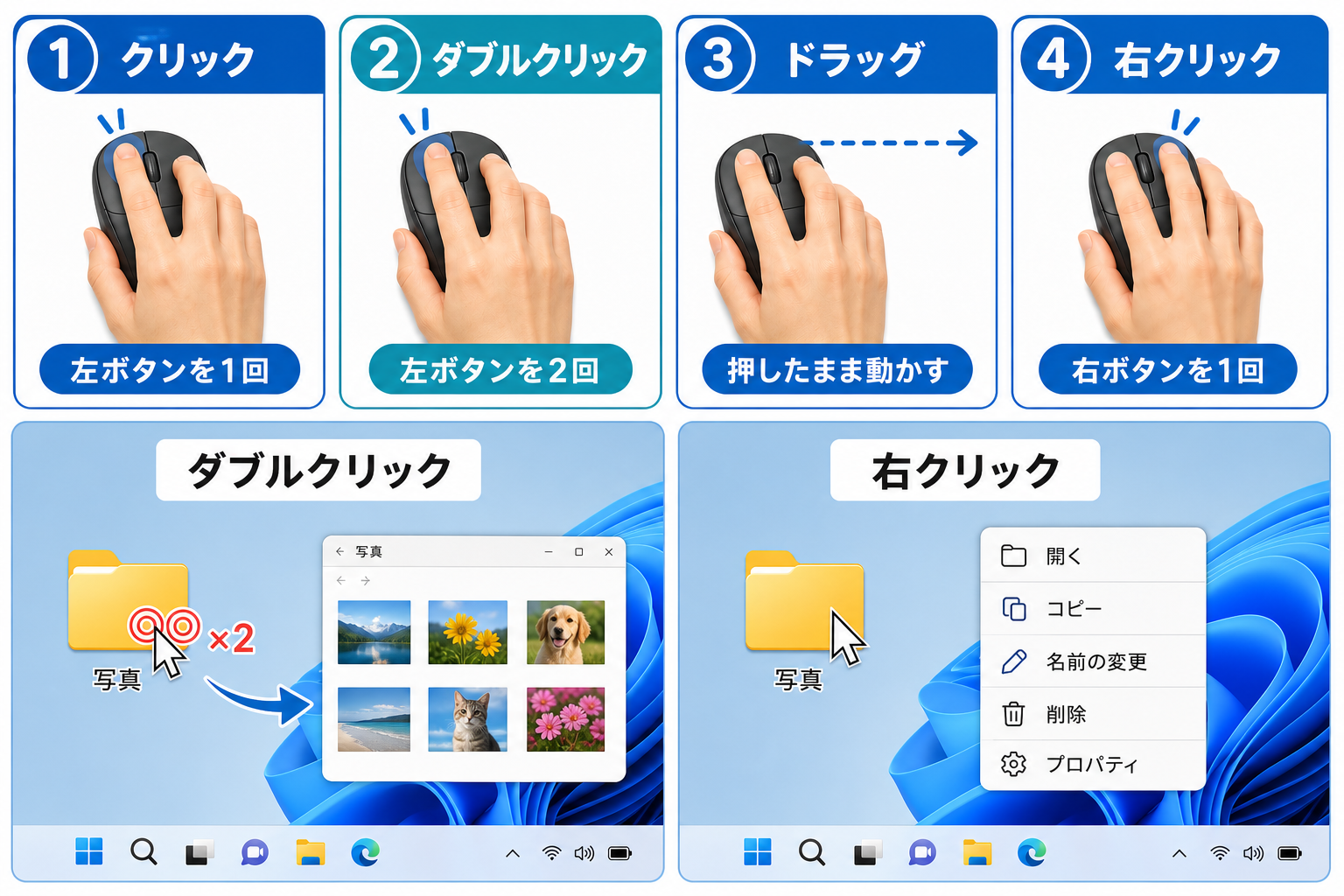 デスクトップのアイコンをダブルクリックしている様子と、右クリックでメニューが開いた状態を並べたスクリーンショット