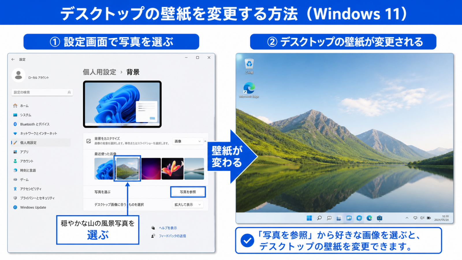 背景の画像を選択している画面と、変更後のデスクトップ