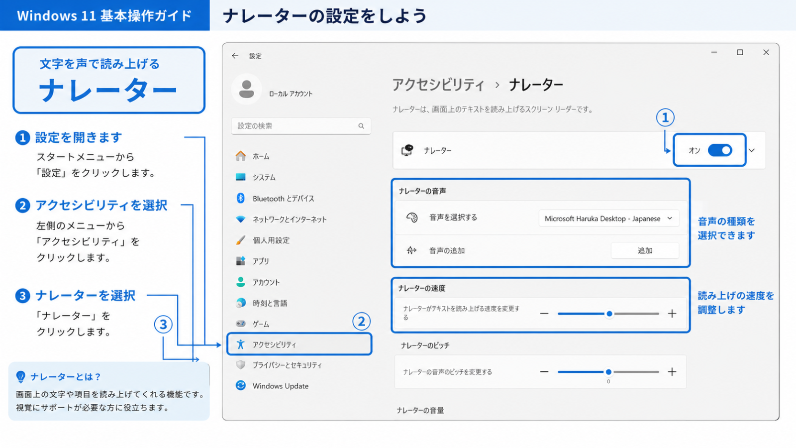 「設定」の「アクセシビリティ」→「ナレーター」の設定画面