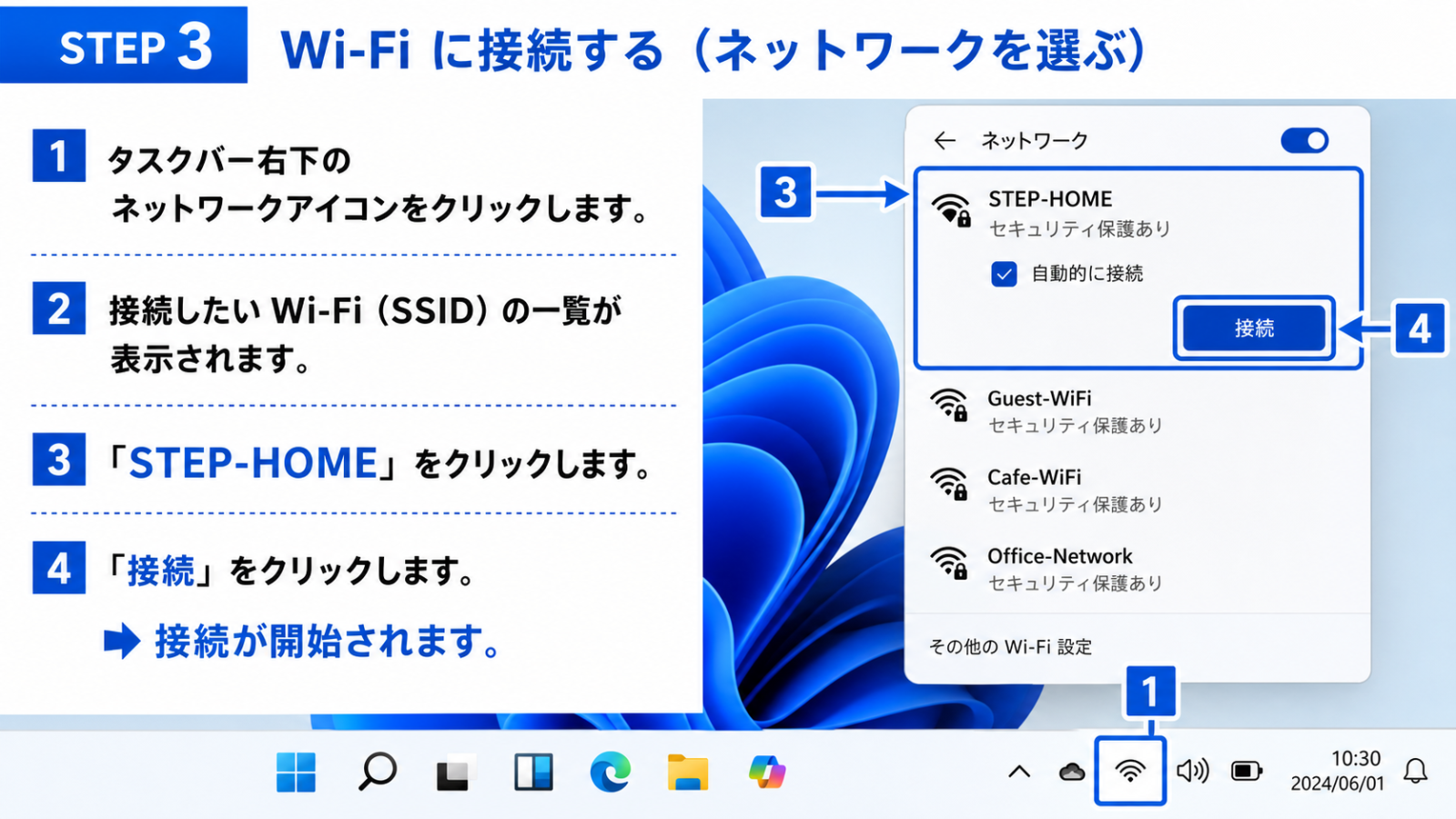 タスクバー右下のネットワークアイコンをクリックし、Wi-Fiの一覧が表示された画面