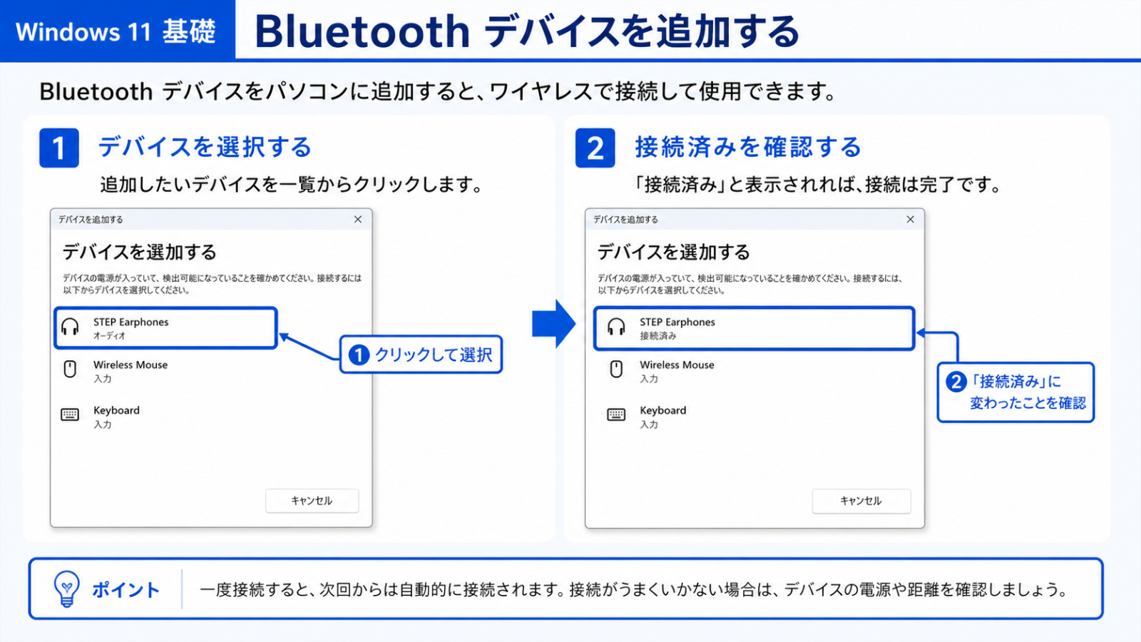 Bluetooth機器の一覧が表示され、一つを選んで接続している画面