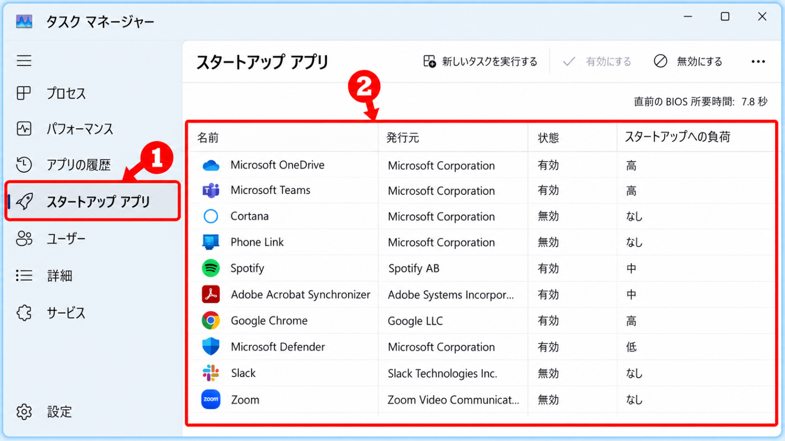 タスクマネージャーの「スタートアップアプリ」タブに、アプリの一覧が表示された画面