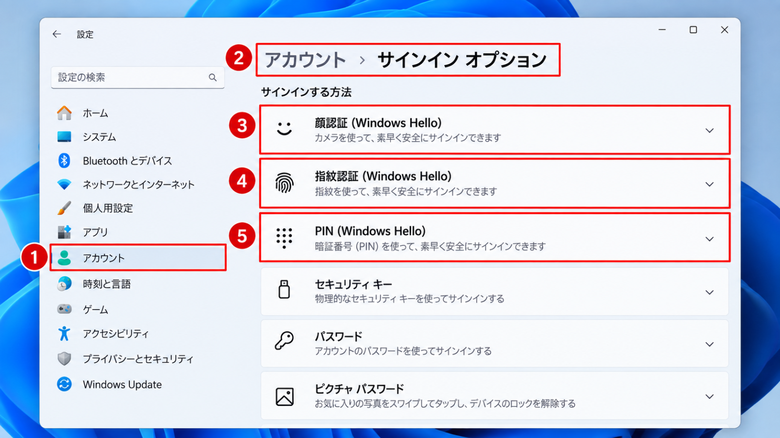 「設定」の「アカウント」→「サインインオプション」の画面