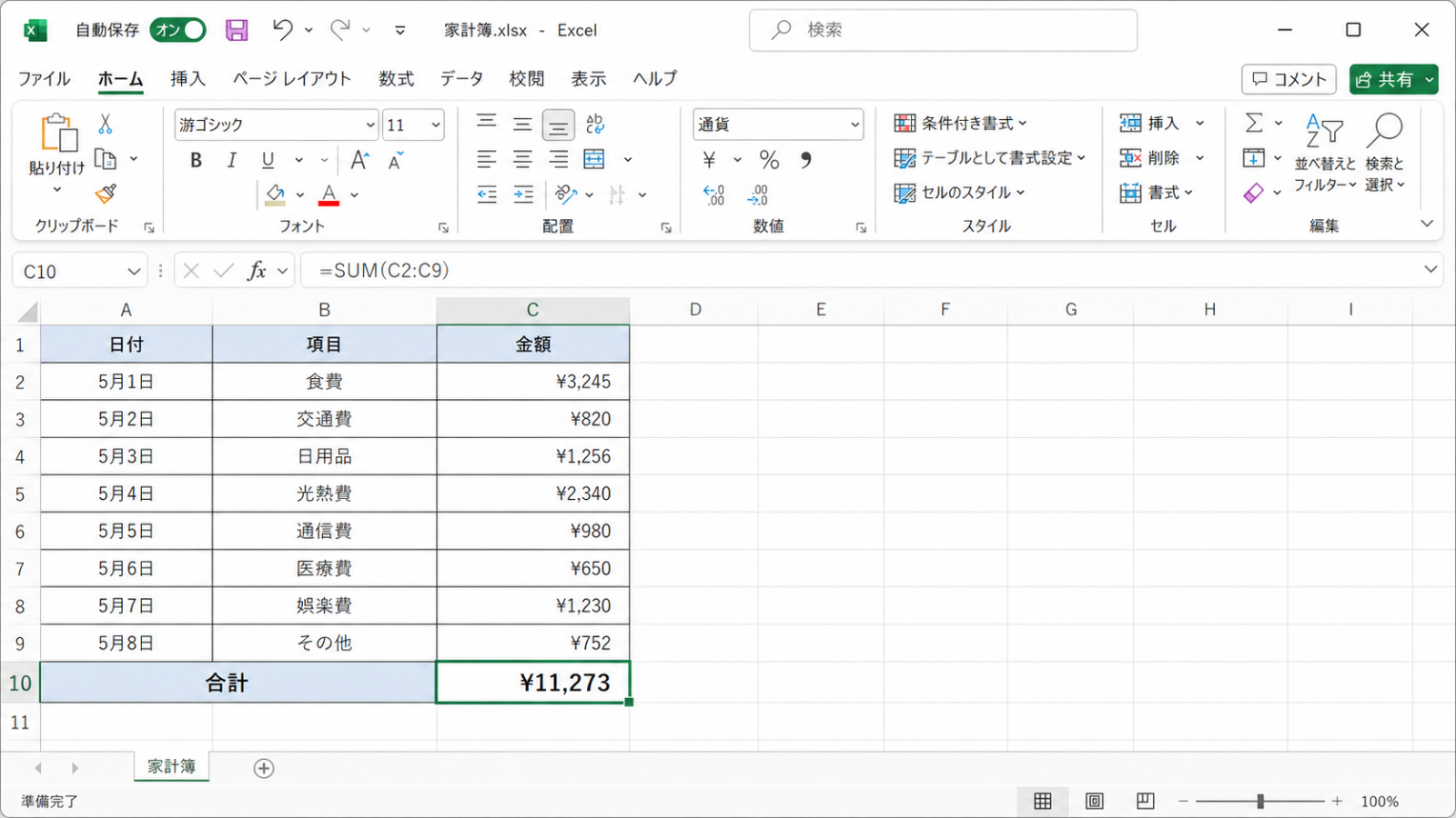 金額の列の下にSUM関数で合計が表示されている状態
