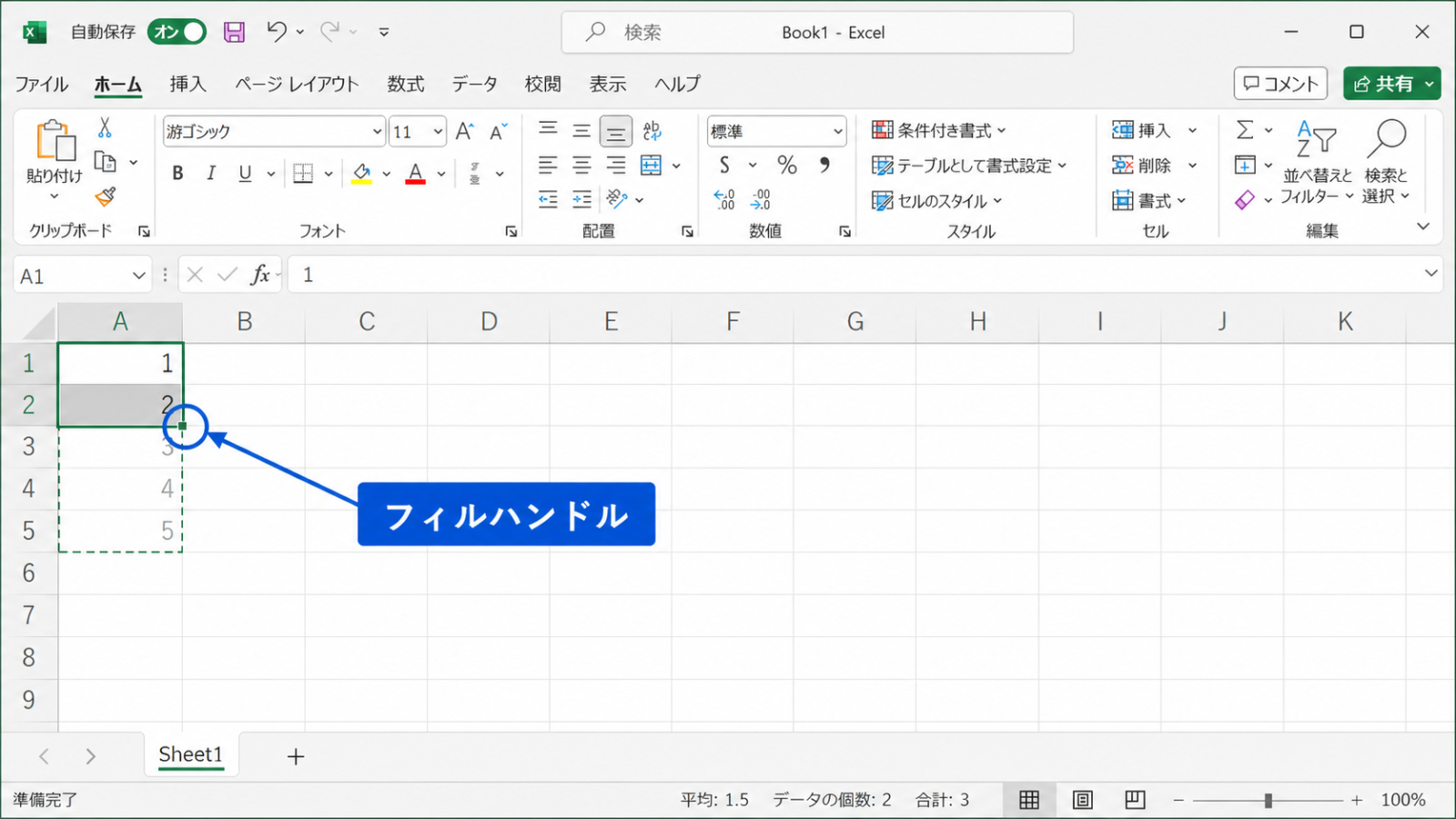 連続する数字を入力したセルを選択し、右下に小さな四角い点(フィルハンドル)が表示された状態