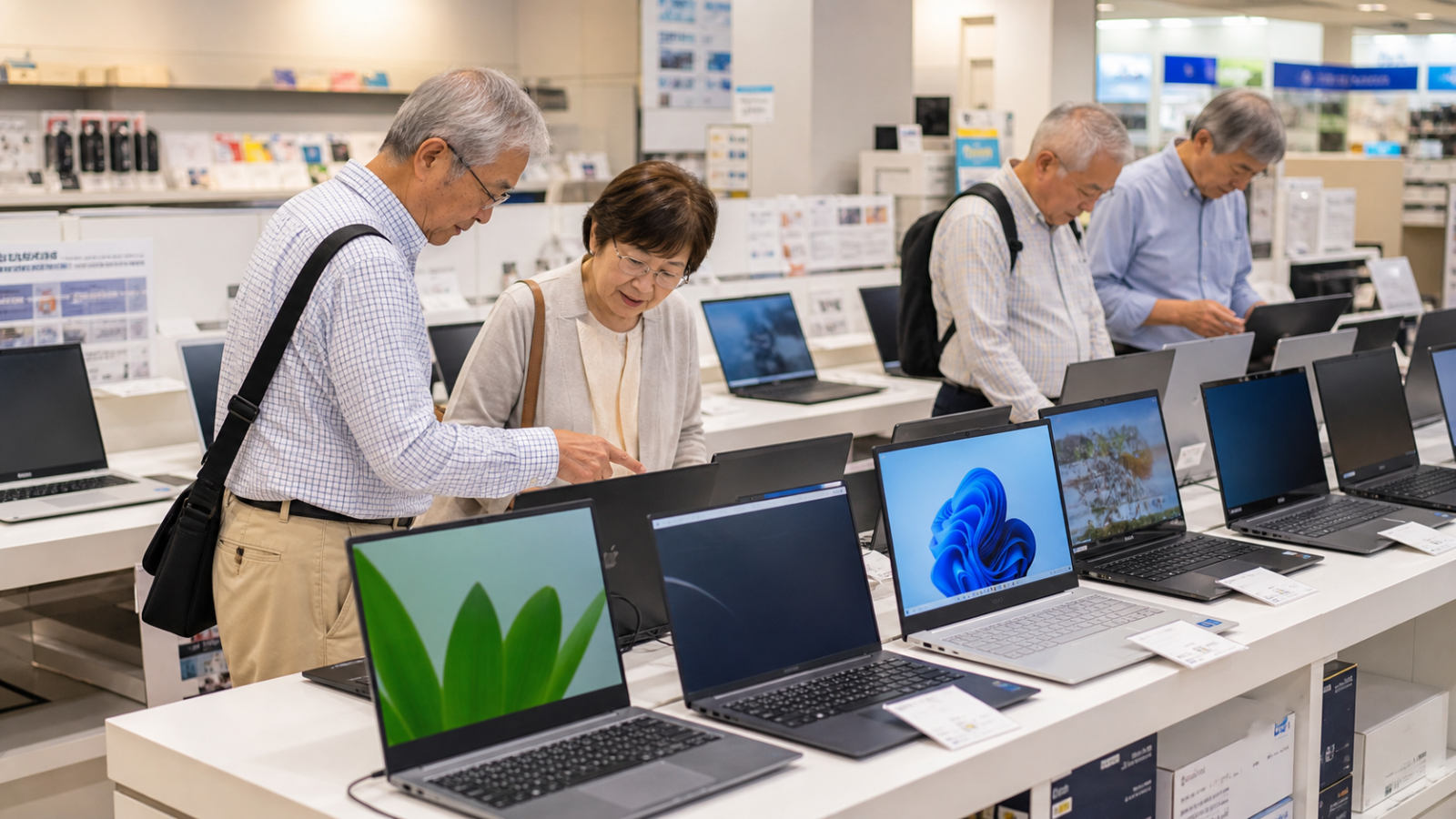 家電量販店のパソコン売り場で、複数のノートパソコンが並んでいる様子