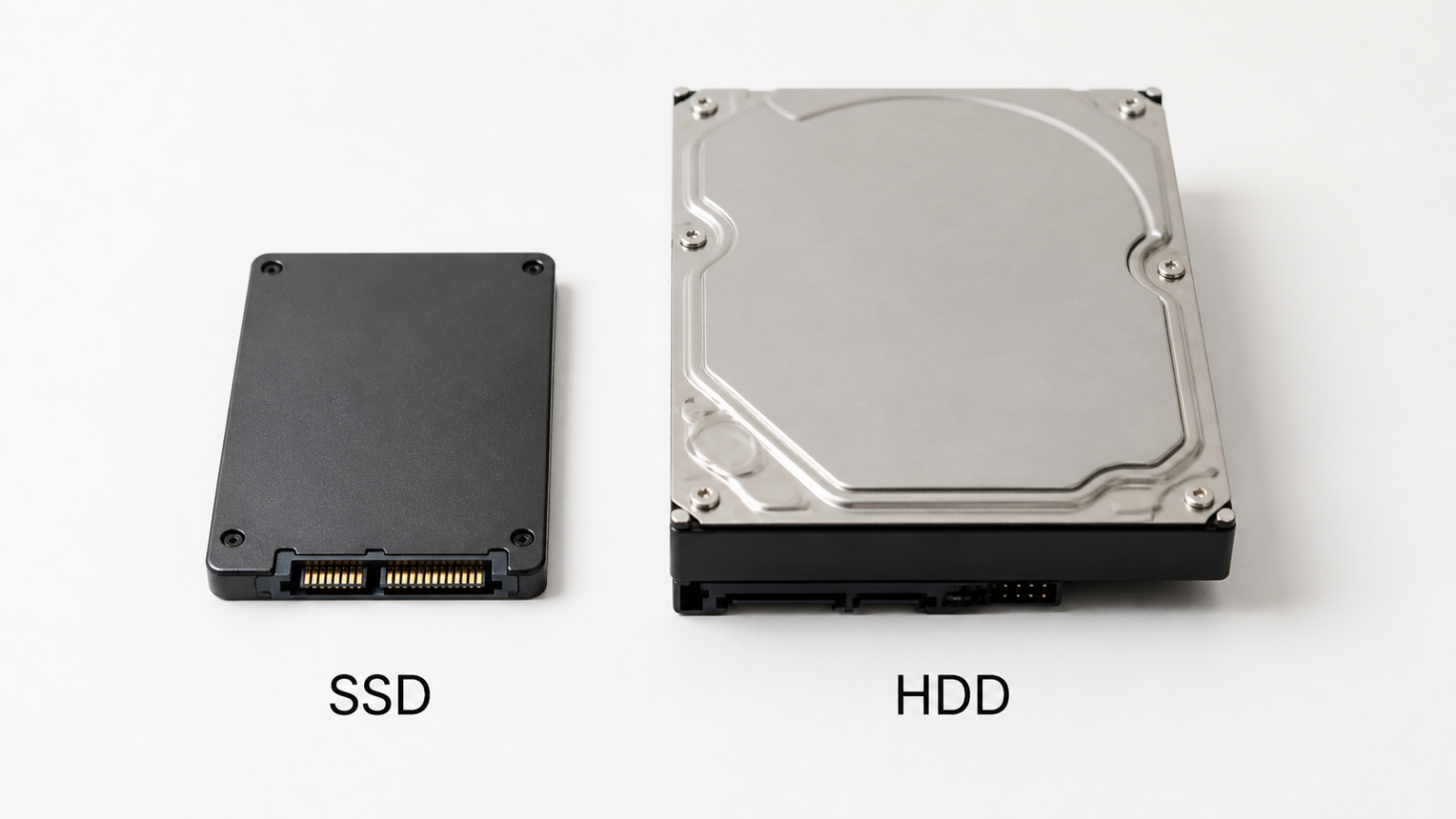 SSDとHDDそれぞれの外観を並べた写真、またはスペック表でSSD・HDDの表記箇所