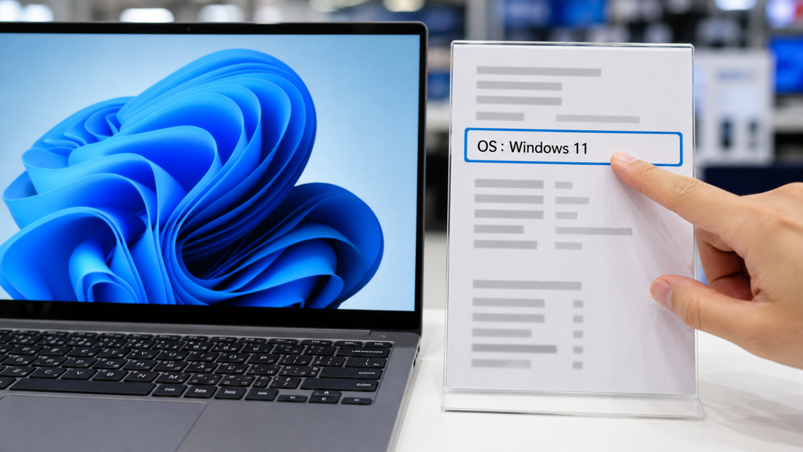 パソコンのスペック表や本体のシールで「Windows 11」の表記を確認している写真