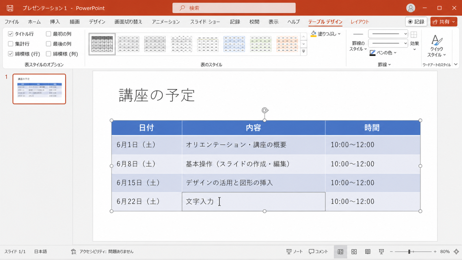 挿入された表の中に、項目名や数値を入力している画面