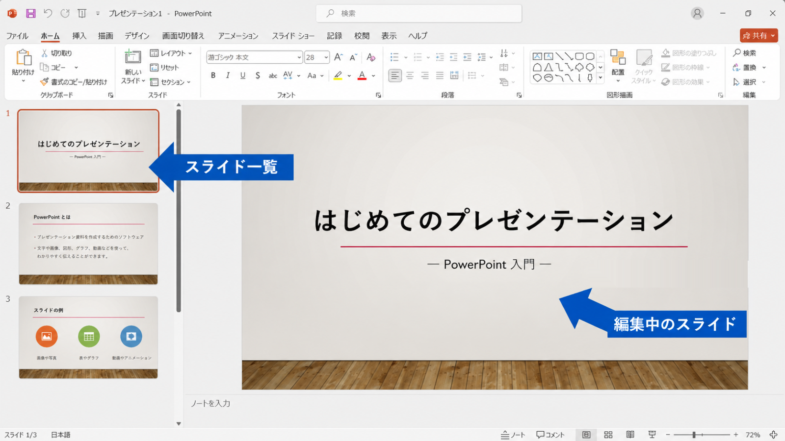 画面左側のスライド一覧(サムネイル)と、右側の編集中のスライドを示したスクリーンショット