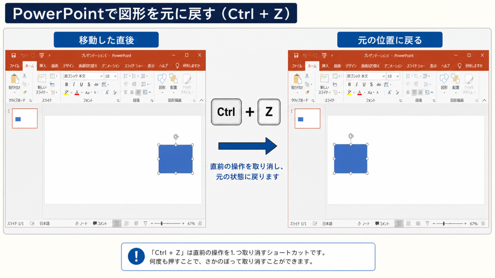 図形を移動させた直後にCtrl+Zを押し、元の位置に戻る様子がわかる操作画面