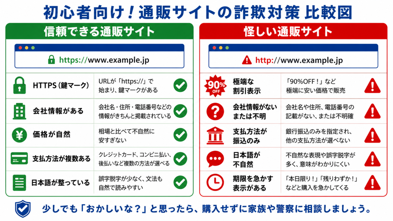 正規の通販サイトと、注意が必要な通販サイトの特徴を並べて示した比較図