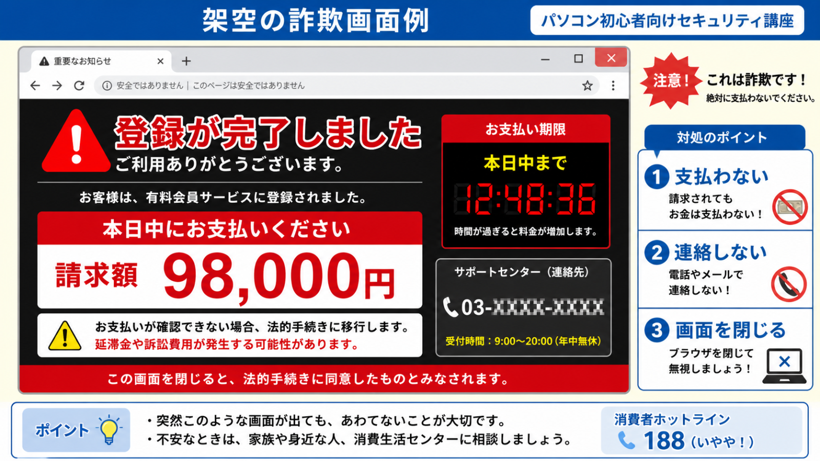 ワンクリック詐欺の請求画面の例を、モザイク処理した架空の文面で示したスクリーンショット