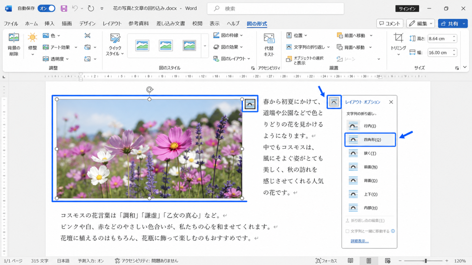 写真をクリックしたときに表示される「レイアウトオプション」ボタンと、その中の配置パターン