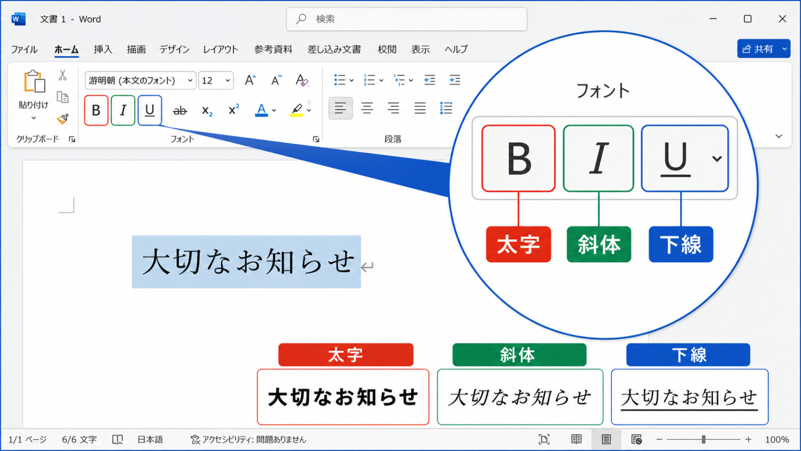 ホームタブにある「B」「I」「U」の各ボタンを拡大して示したスクリーンショット